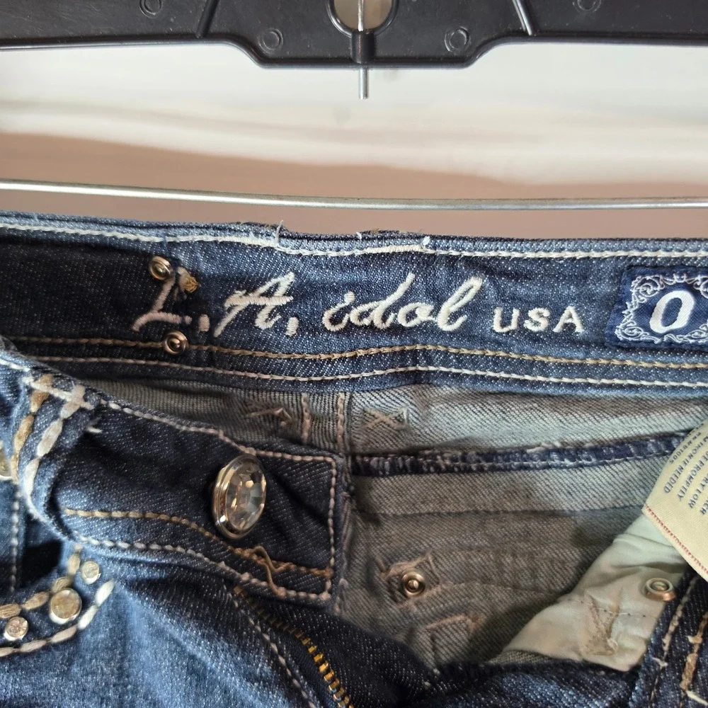 LA Idol USA Jeans Womens 0 W26 L31.5 Skinny Bling Rhinestone Thick Stitch Y2K